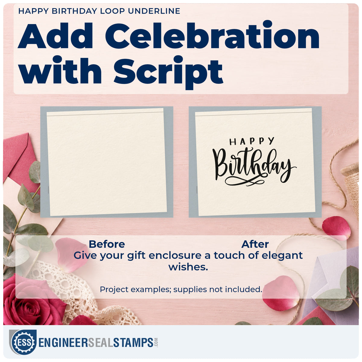Before and after of a plain item finished with the Slim Pre-Inked Happy Birthday Loop Underline Script Lettering Stamp, a quick upgrade for framed desk shelf.