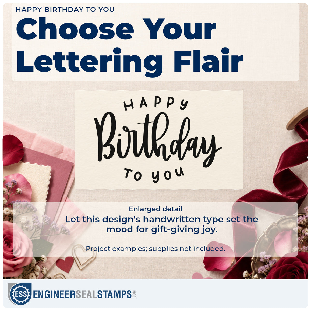 Enlarged detail of the Happy Birthday To You Arch Motif Stamp – Duo Hand imprint. Arched HAPPY and TO YOU surround a large handwritten Birthday script.