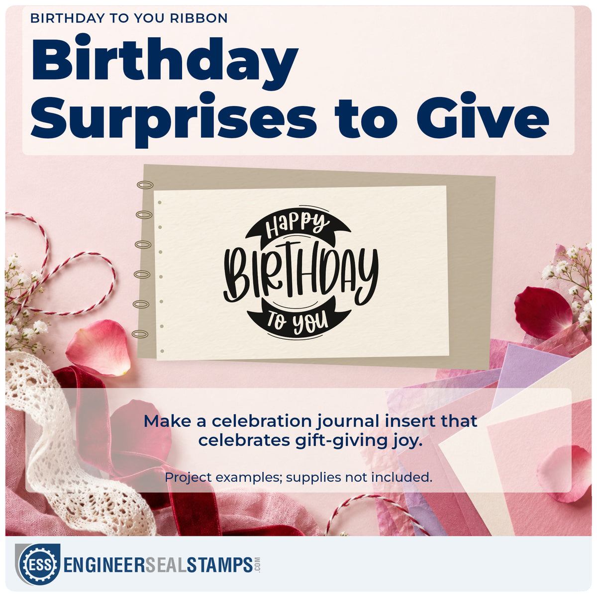 A finished handmade project stamped with the Birthday To You Curved Ribbons Rubber Stamp – Duo Hand, ideal for rail day album page.