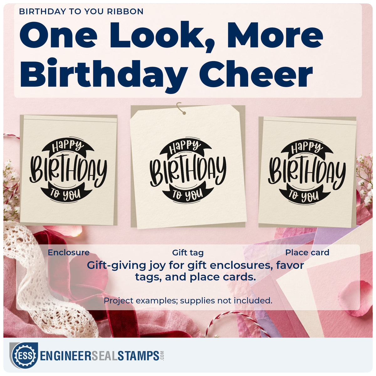 Three project examples made with the Wood Handle Birthday To You Curved Ribbons Rubber Stamp, including leg timing sheet.