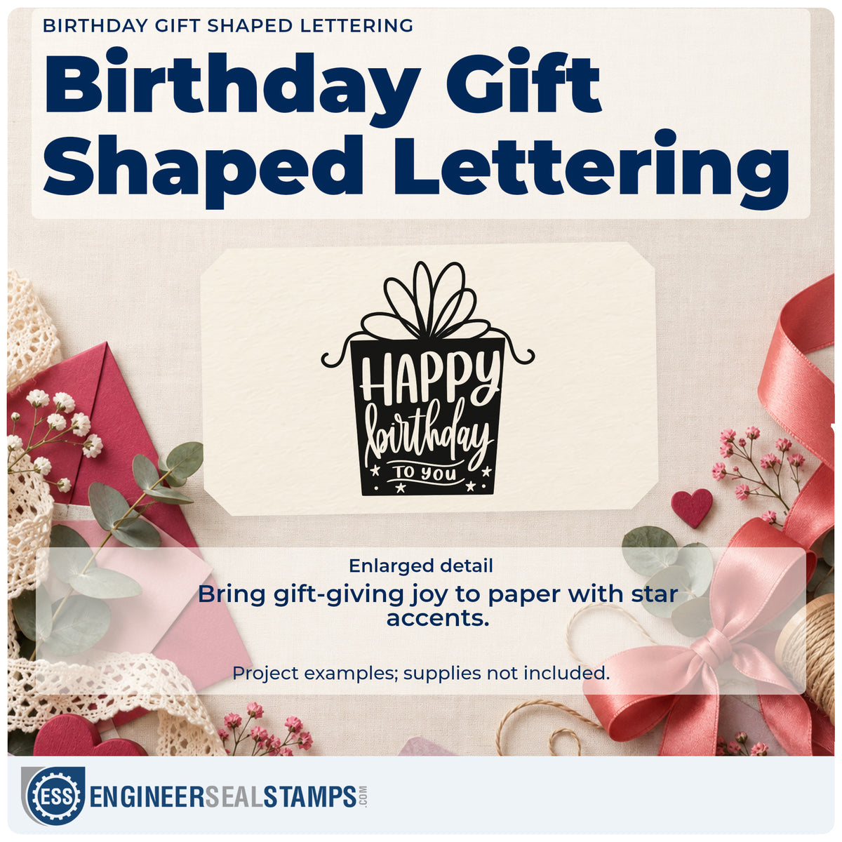 Enlarged detail of the Birthday Gift Shaped Lettering Rubber Stamp – Wood Handle imprint. A dark wrapped-gift silhouette contains HAPPY birthday TO YOU with a large outlined bow and tiny stars.