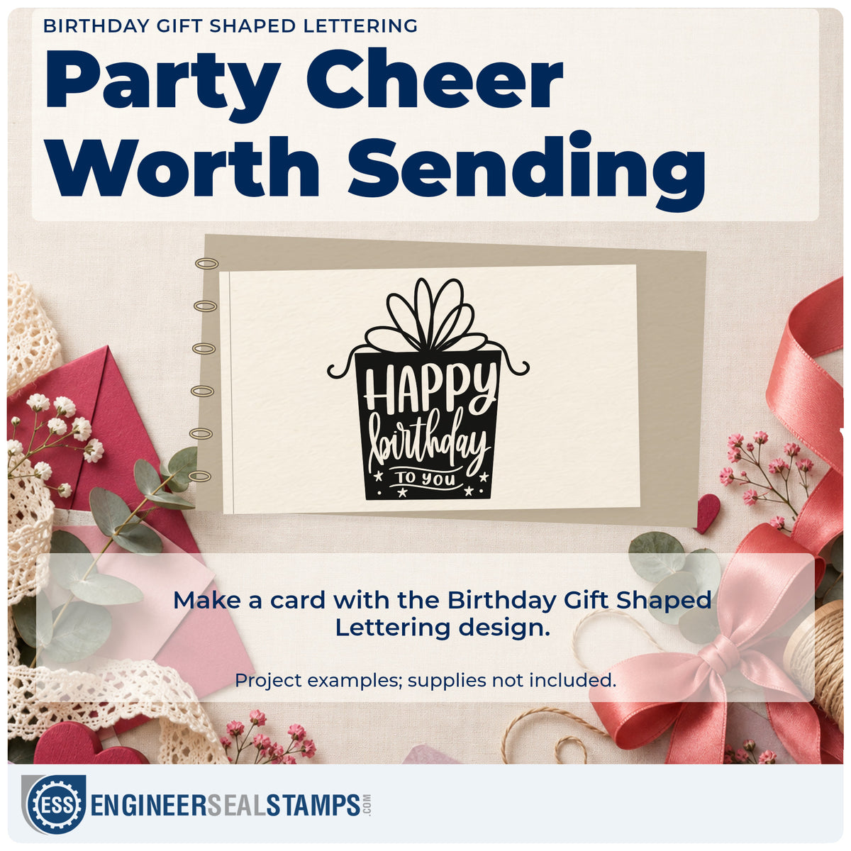 A finished handmade project stamped with the Birthday Gift Shaped Lettering PSI Pre-Inked Stamp, ideal for counter album page.