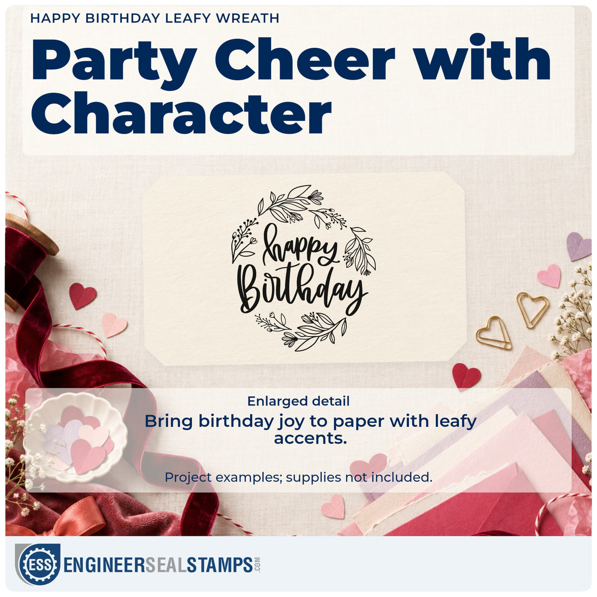 Enlarged detail of the Leaf-Circle Happy Birthday Lettering Stamp – Premium Vintage Pro Wooden imprint. happy birthday appears inside a delicate wreath of leaves and small botanical sprigs.