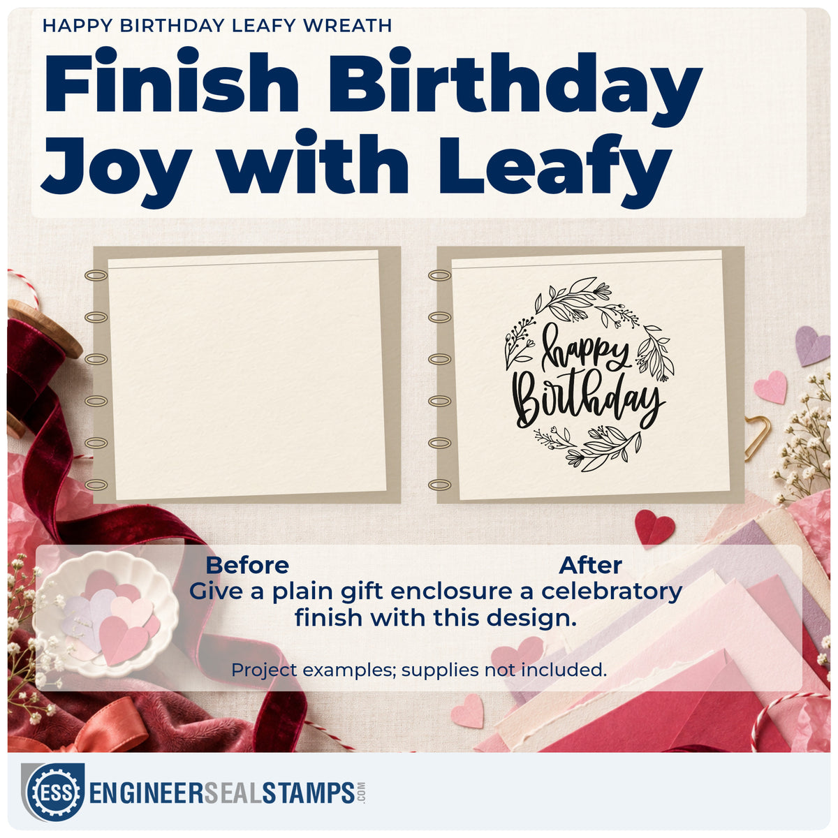 Before and after of a plain item finished with the Leaf-Circle Happy Birthday Lettering Stamp – Premium Vintage Pro Wooden, a quick upgrade for framed studio entry.