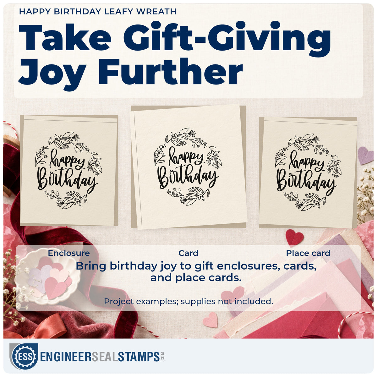 Three project examples made with the Leaf-Circle Happy Birthday Lettering Rubber Stamp – Duo Hand, including class book sheet.