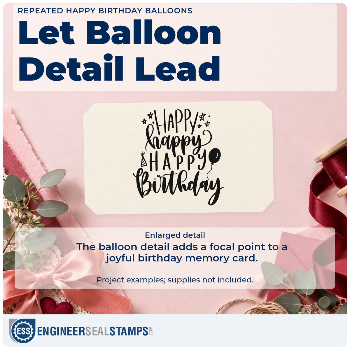 Enlarged detail of the Repeated Happy Birthday Balloons Premium Wooden Stamp – Vintage Pro imprint. HAPPY happy HAPPY birthday appears with stars, a tiny candle, and a balloon.