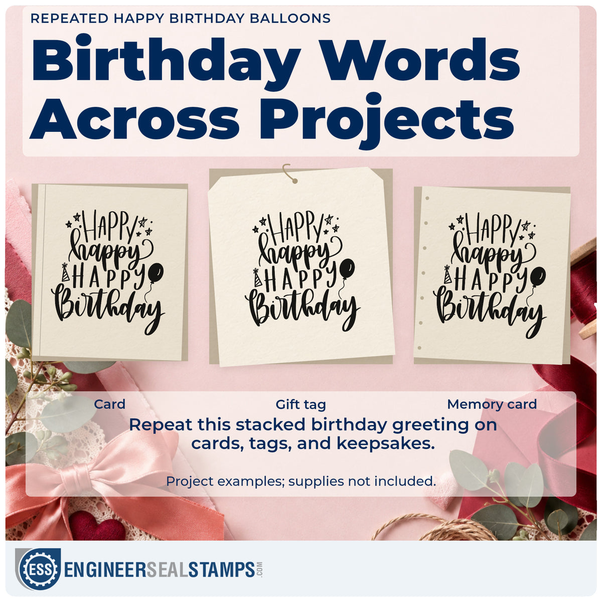 Three project examples made with the Repeated Happy Birthday Balloons Premium Wooden Stamp – Vintage Pro, including party run sheet.