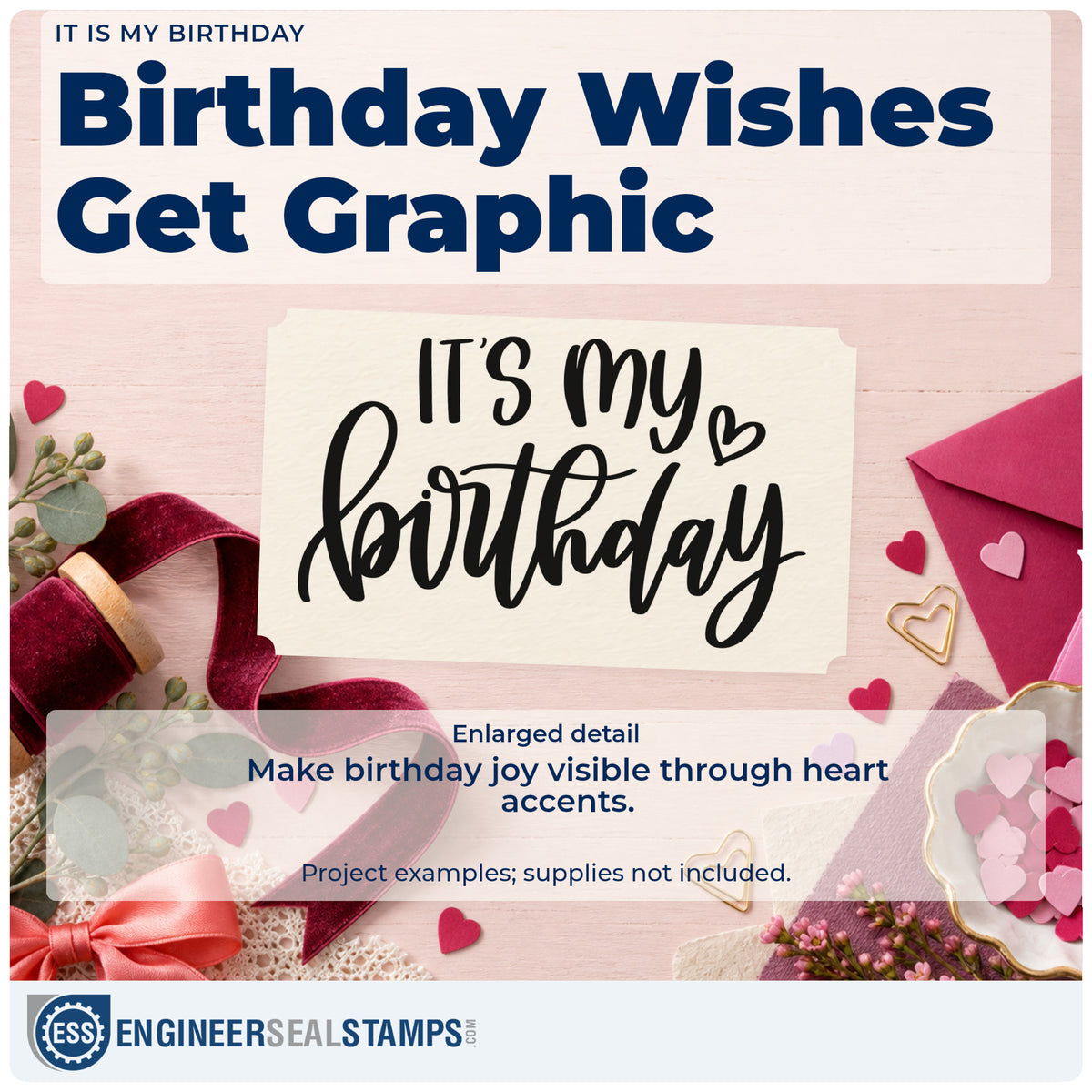 Enlarged detail of the It's My Birthday Compact Pre-Inked Stamp – Slim imprint. IT'S MY birthday appears in mixed capitals and bold script with a small outlined heart.