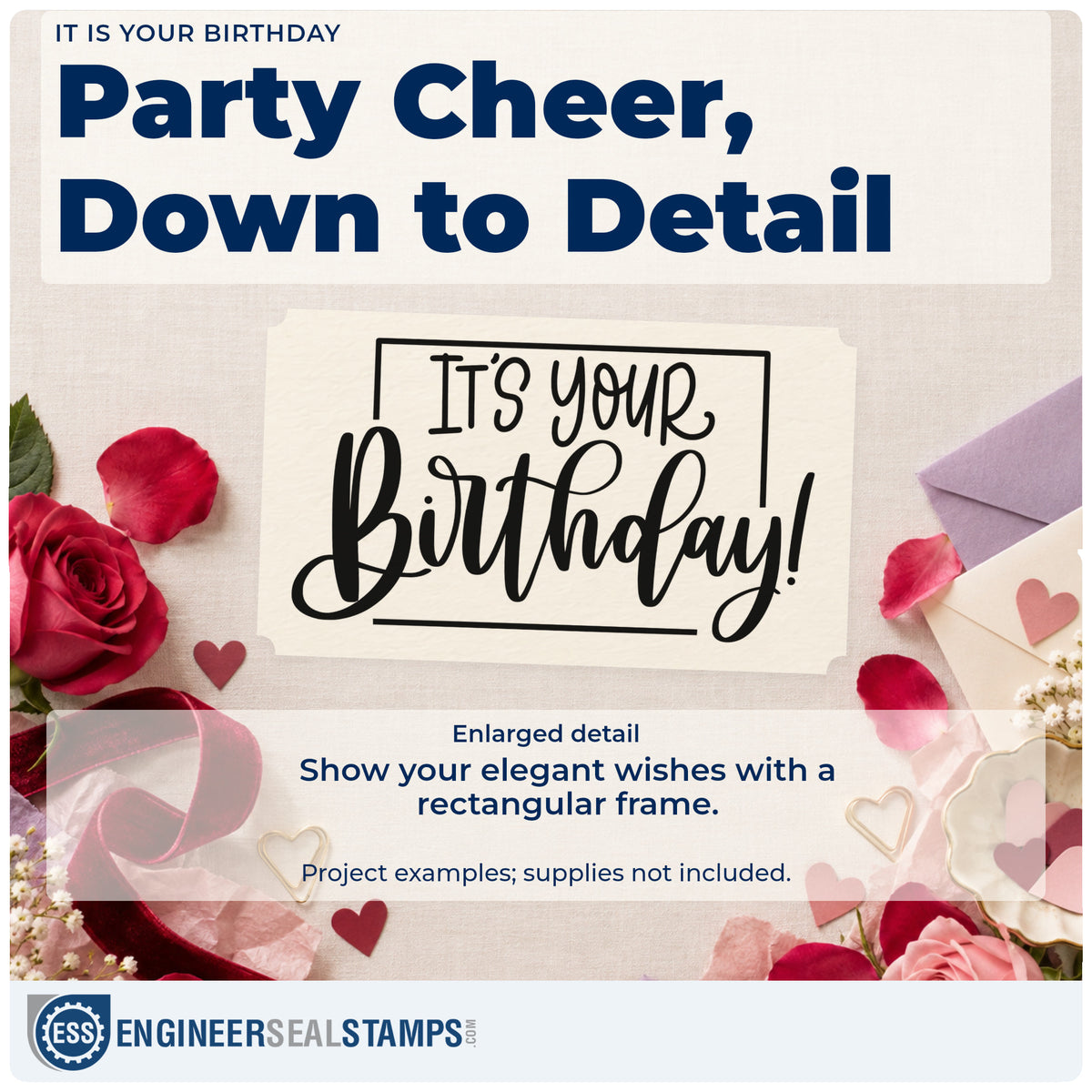 Enlarged detail of the It's Your Birthday! Pre-Inked Stamp – PSI imprint. IT'S YOUR Birthday! appears within a thin rectangular frame.