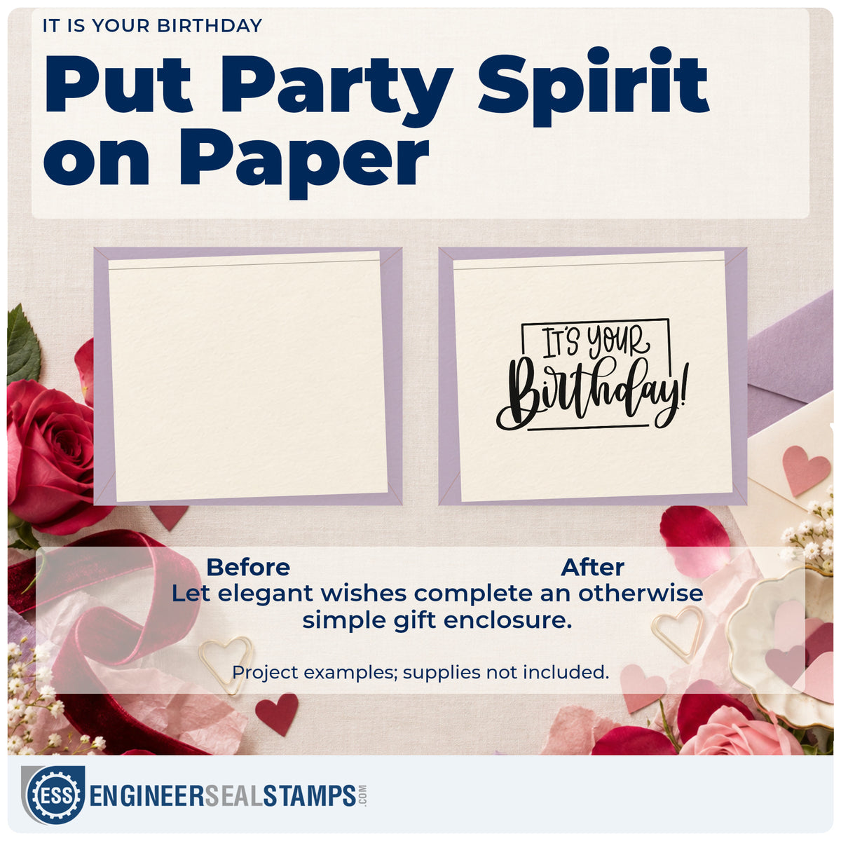 Before and after of a plain item finished with the Slim Pre-Inked It's Your Birthday! Stamp, a quick upgrade for framed pass window.