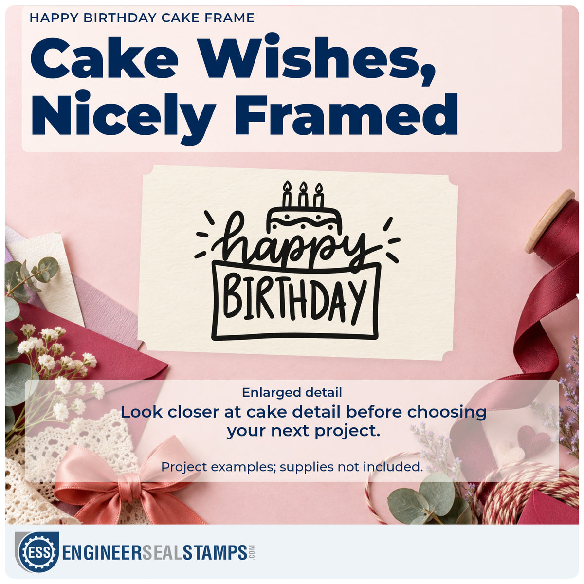Enlarged detail of the Vintage Pro Happy Birthday Cake Frame Premium Wooden Stamp imprint. happy BIRTHDAY appears with a three-candle cake, side accent rays, and an outlined lower rectangle.