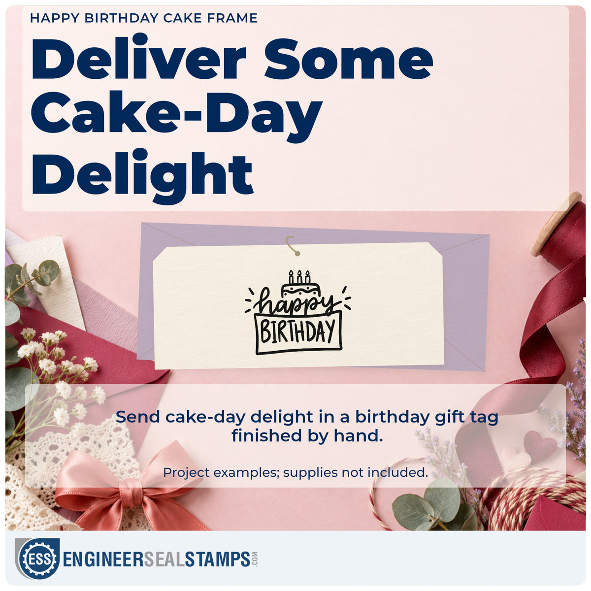 A finished handmade project stamped with the Happy Birthday Cake Frame Wood-Mounted Rubber Stamp, ideal for home bake album page.