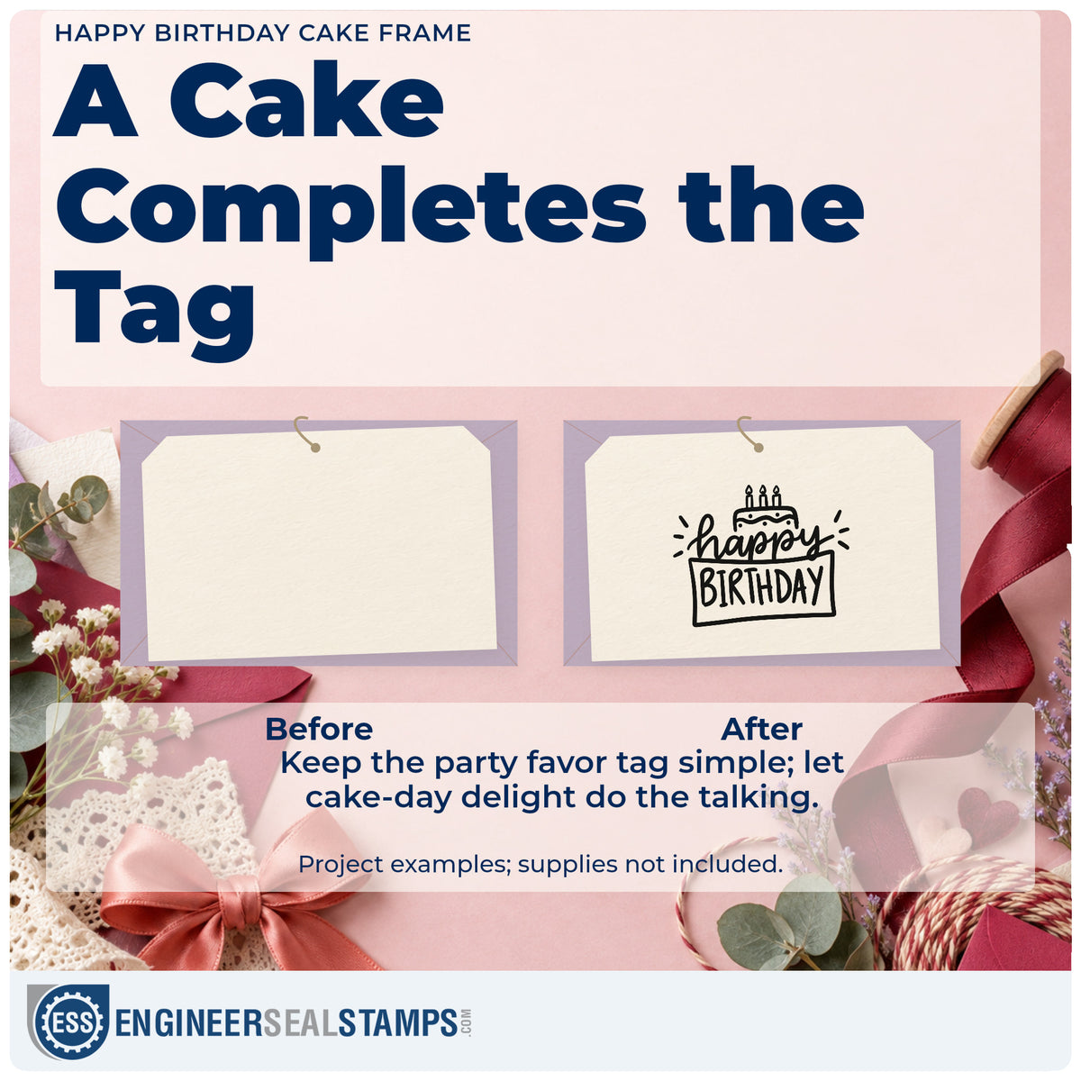 Before and after of a plain item finished with the Happy Birthday Cake Frame Wood-Mounted Rubber Stamp, a quick upgrade for framed kitchen nook.
