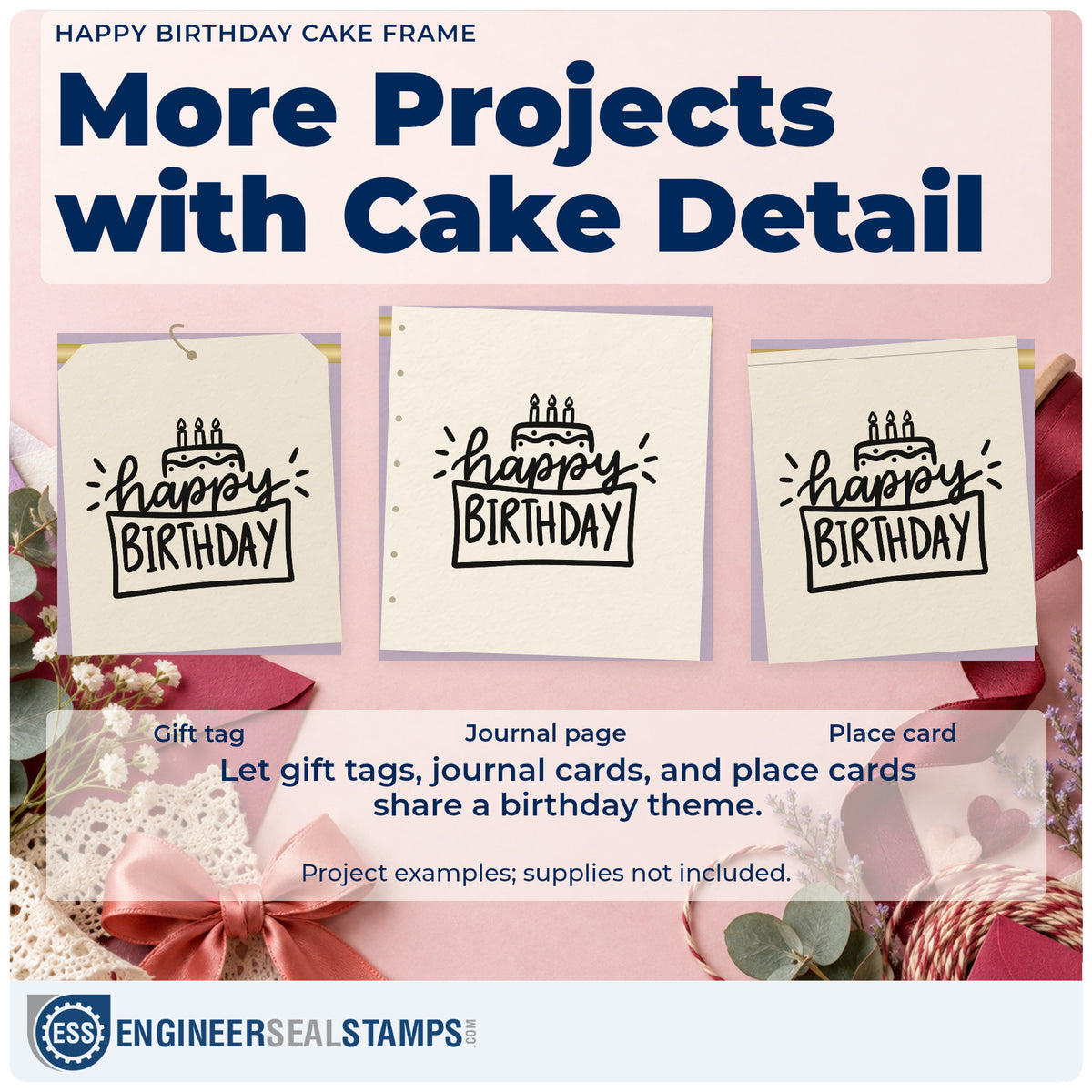 Three project examples made with the Vintage Pro Happy Birthday Cake Frame Premium Wooden Stamp, including order queue sheet.