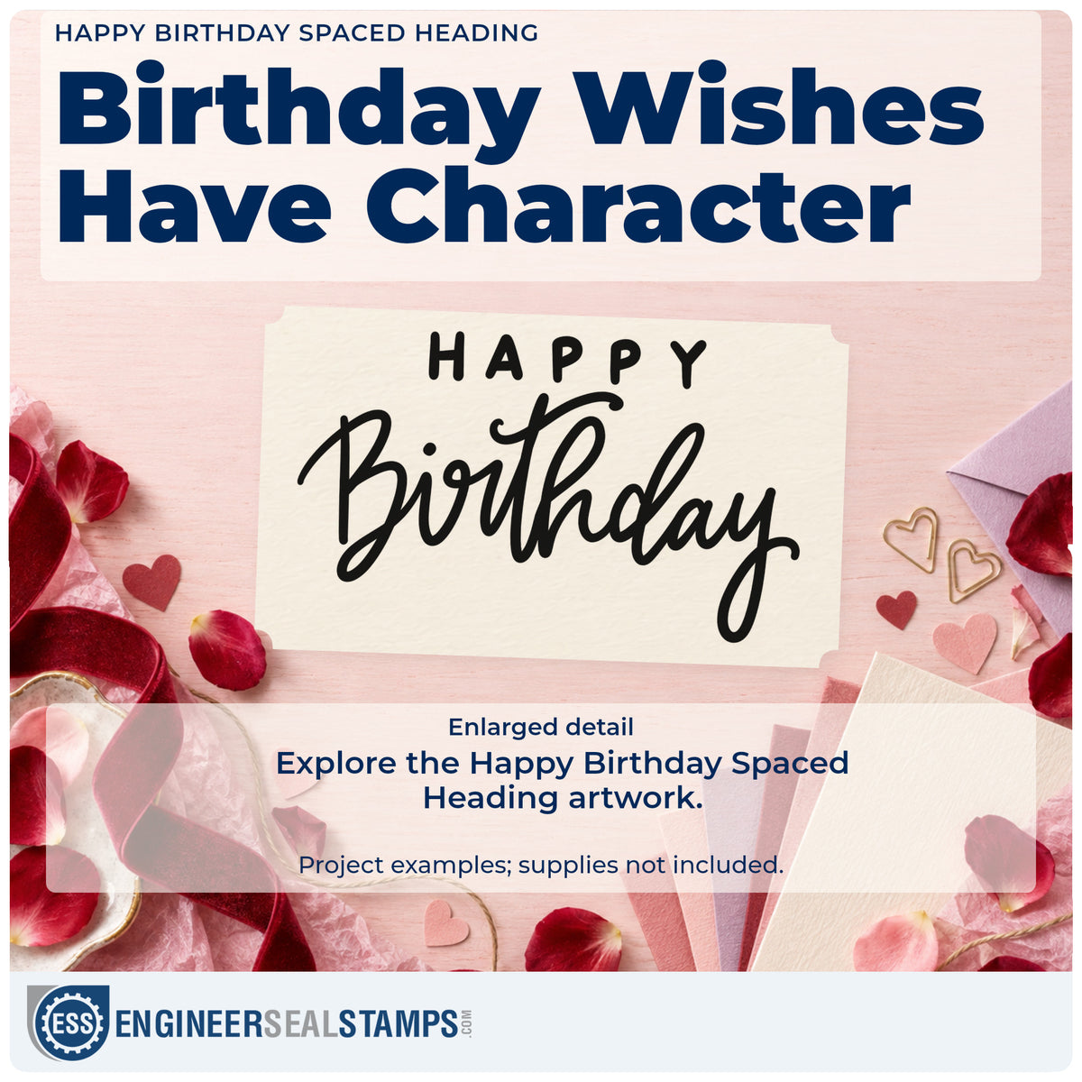 Enlarged detail of the Happy Birthday Spaced Heading Script Lettering Stamp – Duo Hand imprint. Spaced HAPPY capitals sit above a broad flowing Birthday script.