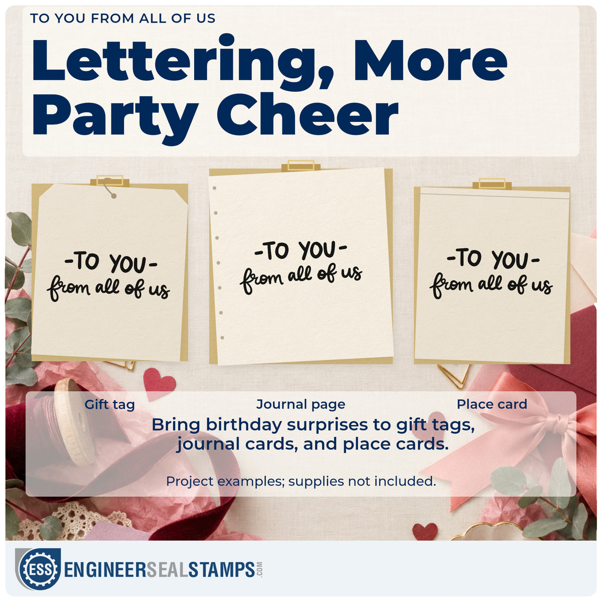 Three project examples made with the From All Of Us Script With To You Rubber Stamp – Duo Hand, including neighbor date sheet.