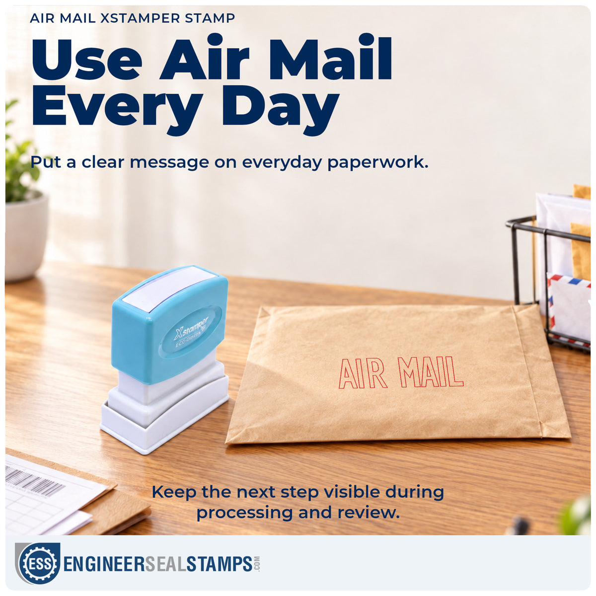 "Air mail" stamp being pressed onto a document during everyday filing