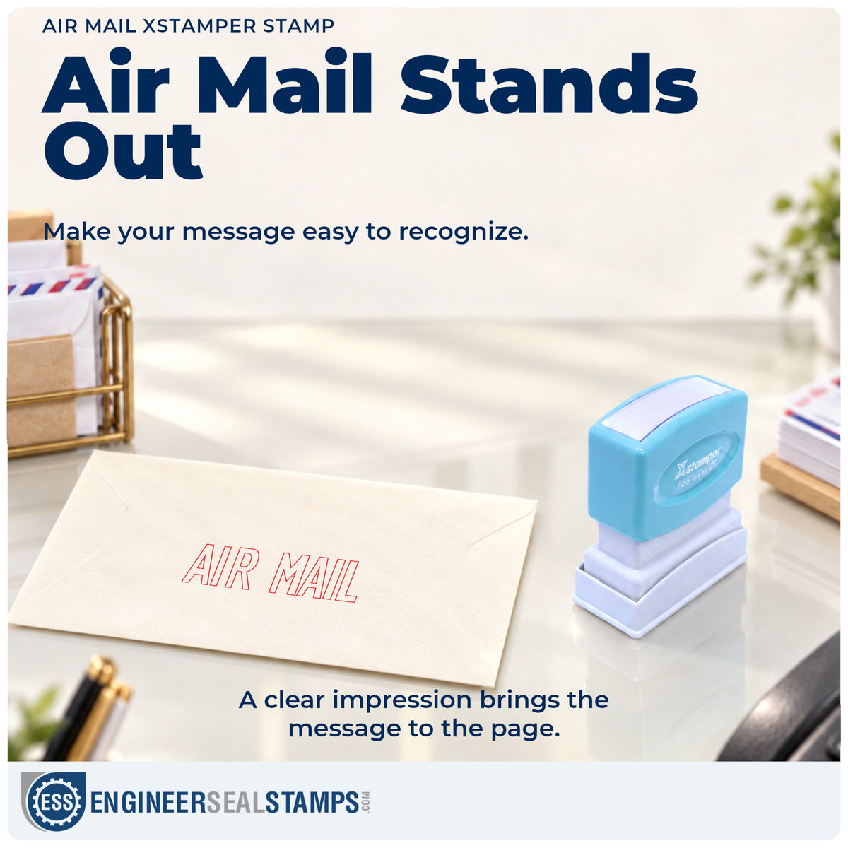 "Air mail" imprint on office paperwork beside the Xstamper Air Mail Stamp – Pre-Inked