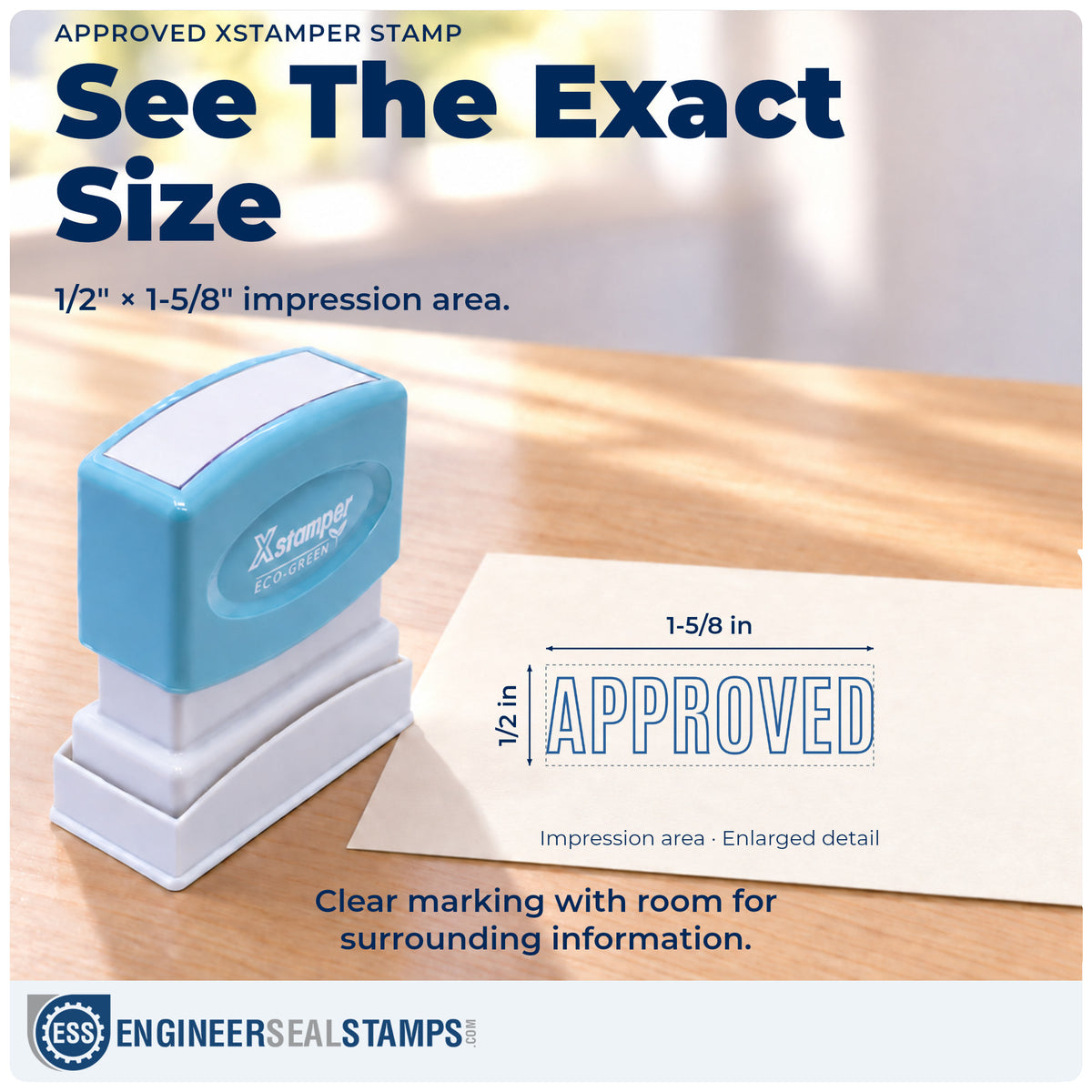 Impression size guide: the "Approved" imprint measures 1/2 x 1-5/8 in
