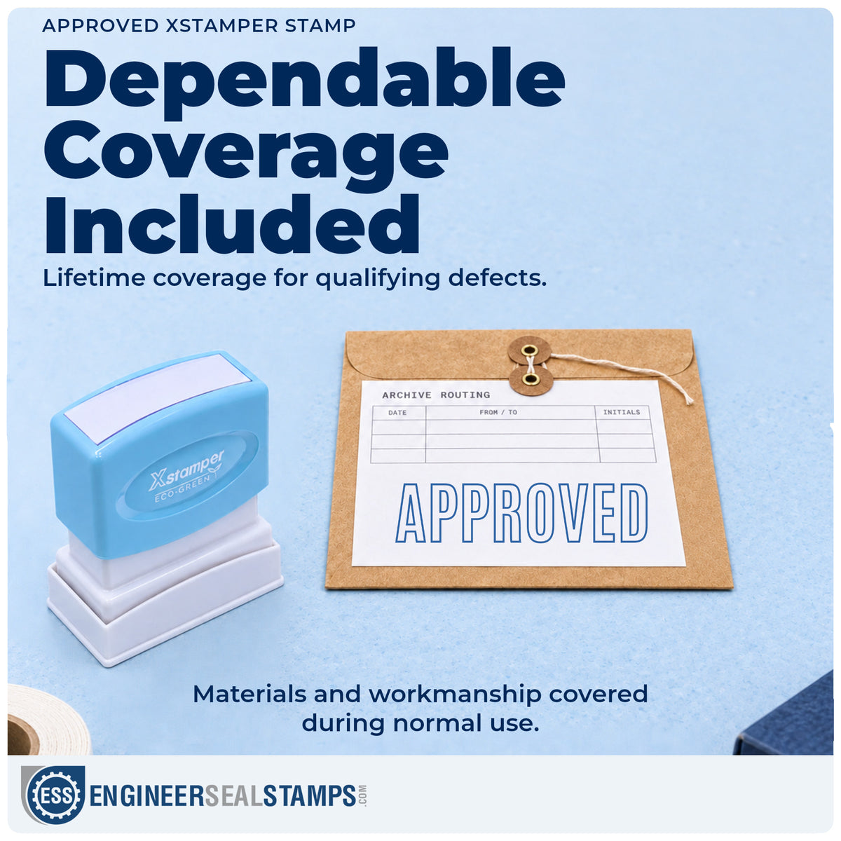 Lifetime guarantee coverage on the "Approved" Xstamper pre-inked stamp