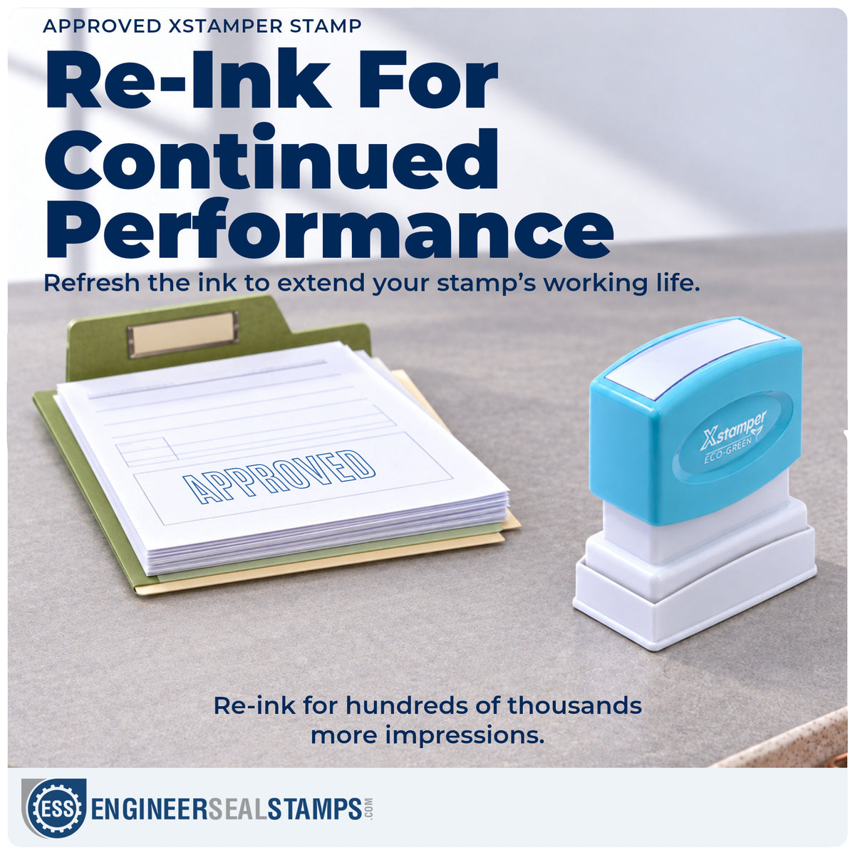 Re-inkable "Approved" stamp built for thousands of repeat impressions