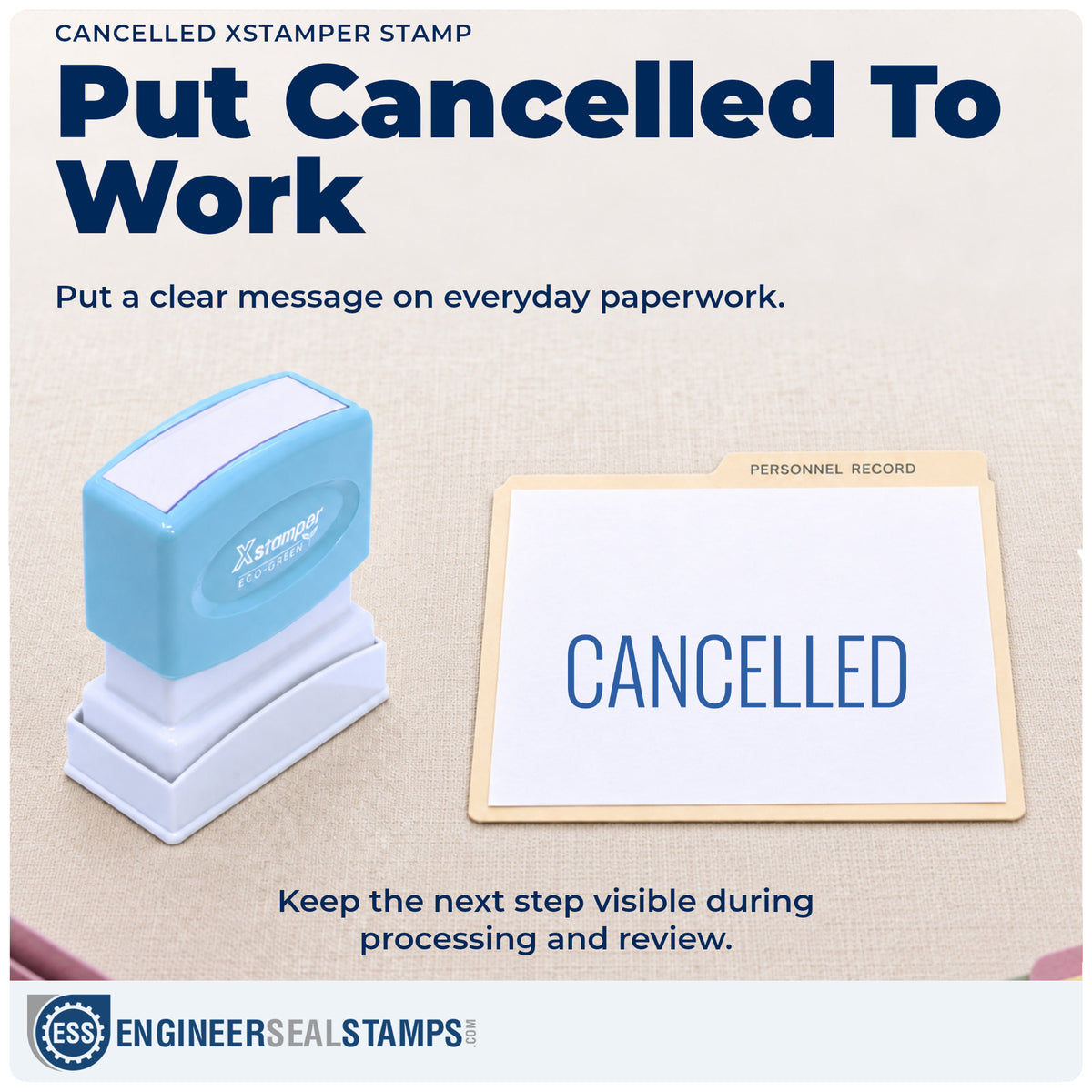 "Cancelled" stamp being pressed onto a document during everyday filing