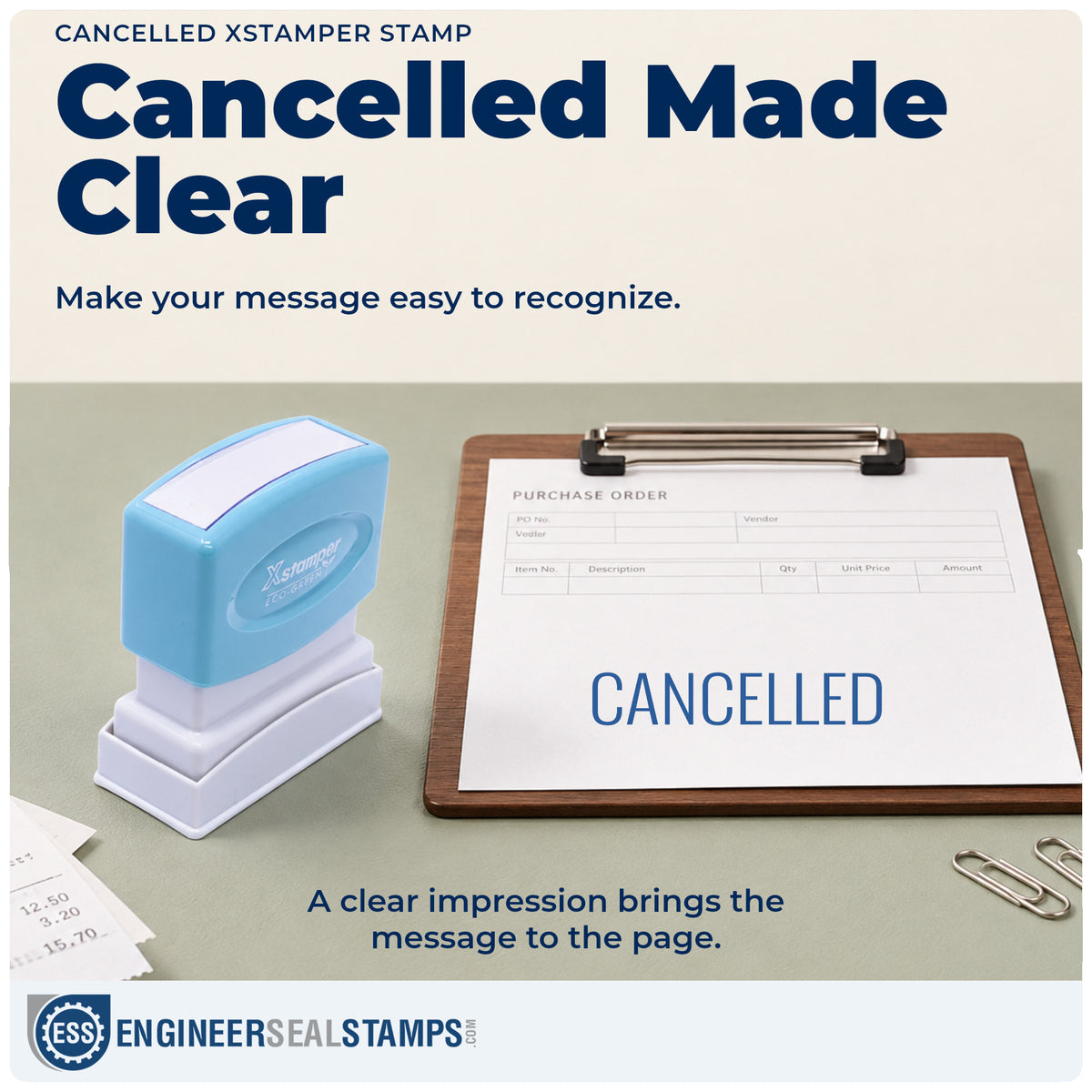 "Cancelled" imprint on office paperwork beside the Cancelled Stamp – Pre-Inked Xstamper