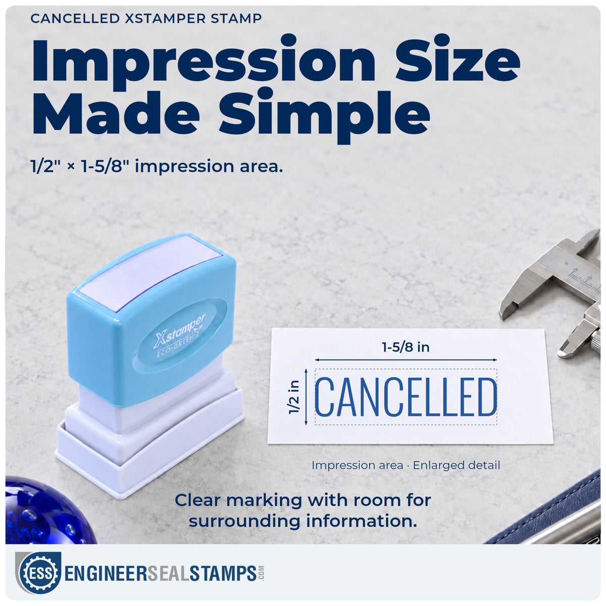 Impression size guide: the "Cancelled" imprint measures Approximately 1/2 in tall x 1-5/8 in wide