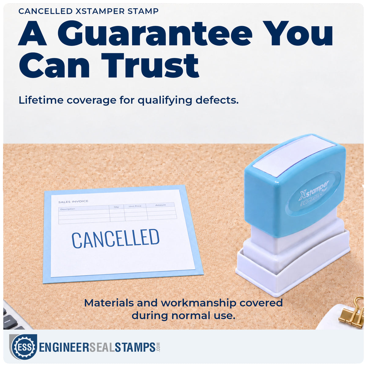 Lifetime guarantee coverage on the "Cancelled" Xstamper pre-inked stamp