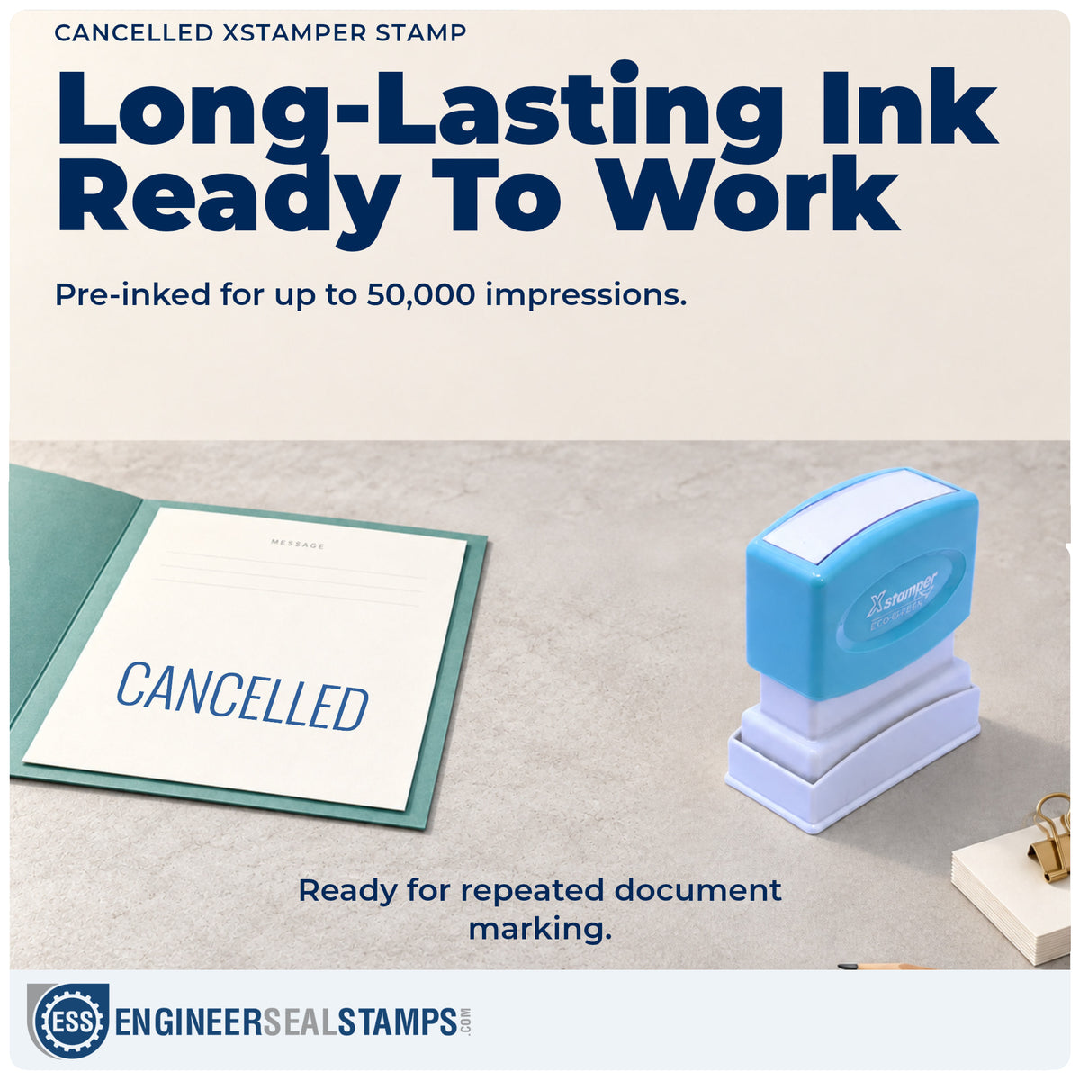 Re-inkable "Cancelled" stamp built for thousands of repeat impressions