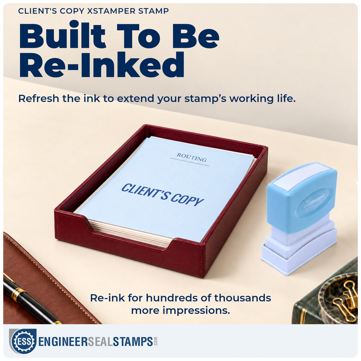 Re-inkable "Client's copy" stamp built for thousands of repeat impressions