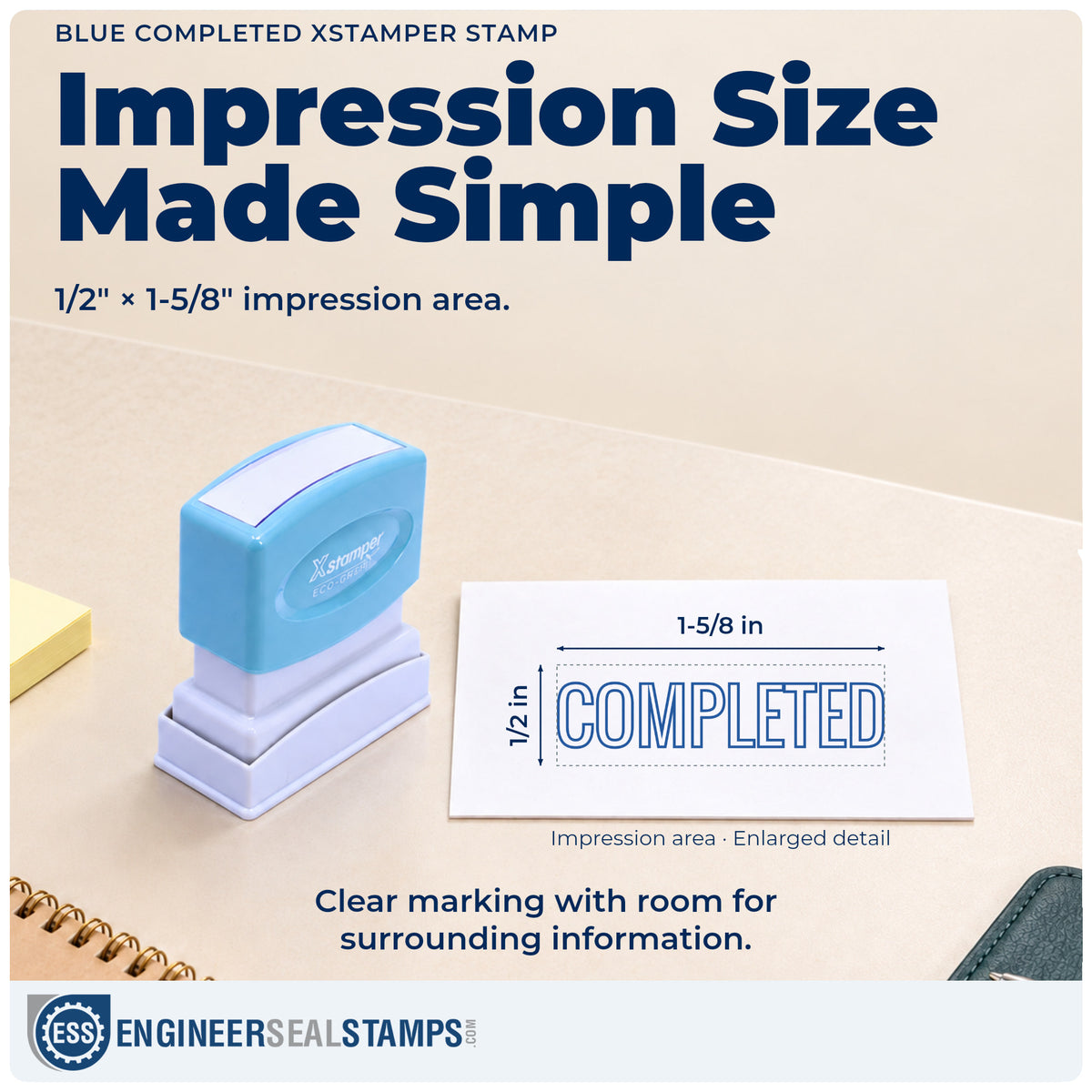 Impression size guide: the "Completed" imprint measures Approximately 1/2 in tall x 1-5/8 in wide