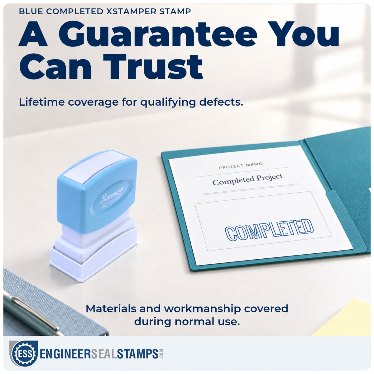 Lifetime guarantee coverage on the "Completed" Xstamper pre-inked stamp
