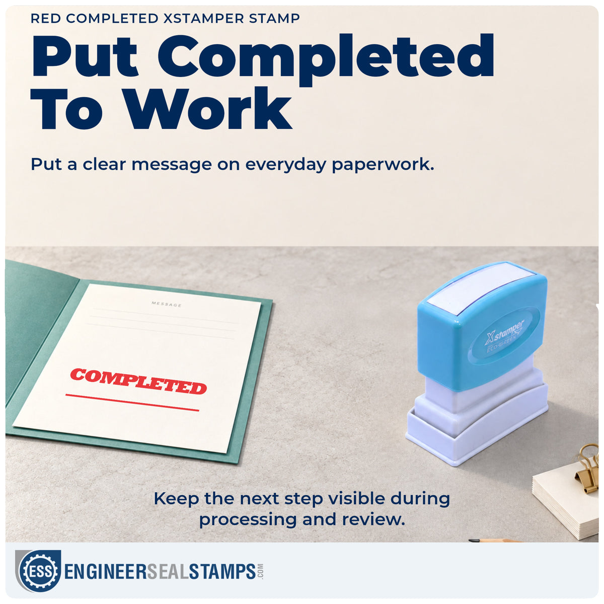 "Completed" stamp being pressed onto a document during everyday filing