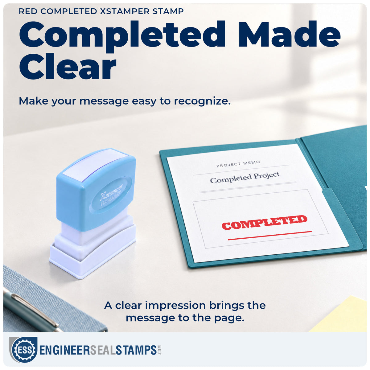 "Completed" imprint on office paperwork beside the Red Completed Document Stamp – Pre-Inked Xstamper