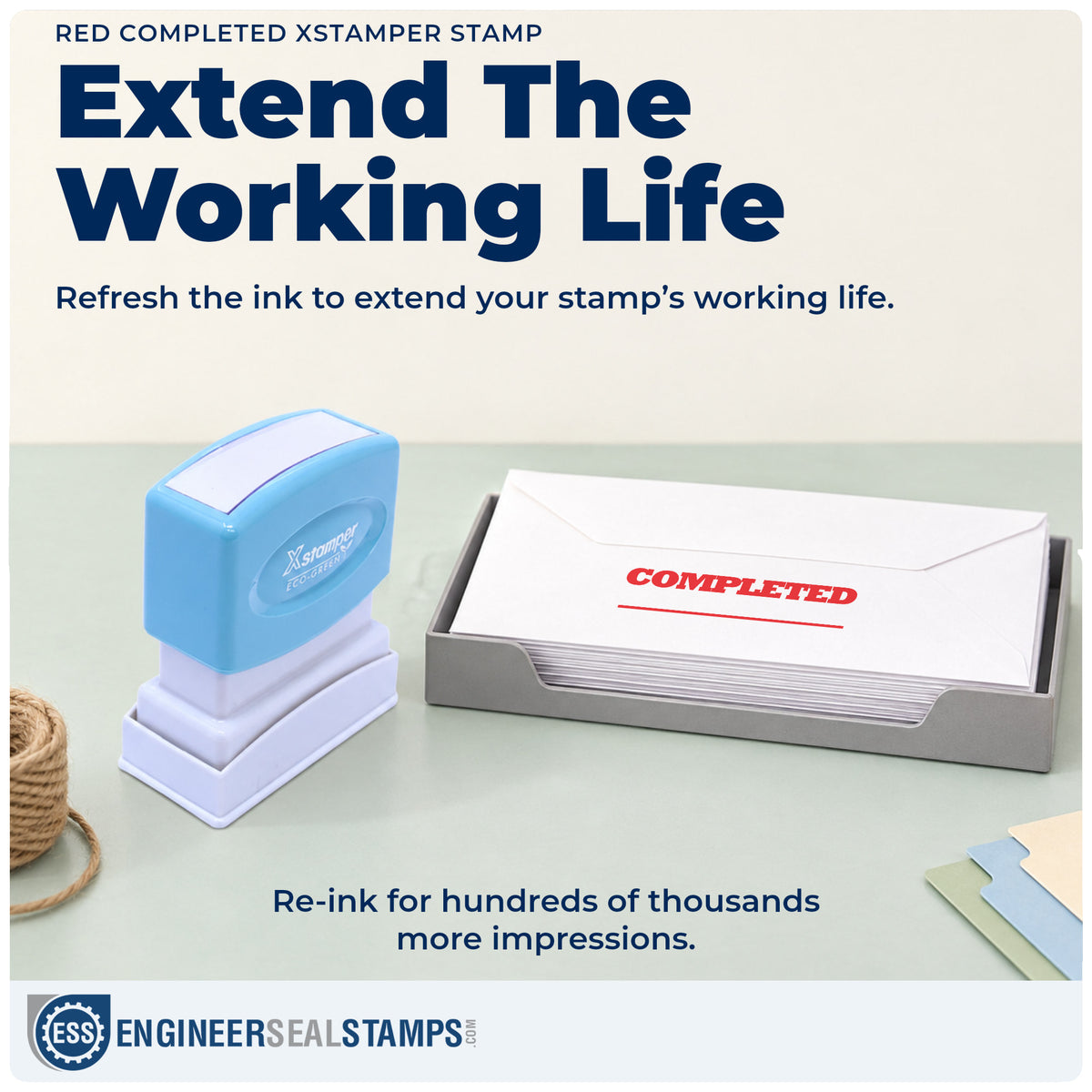 Re-inkable "Completed" stamp built for thousands of repeat impressions