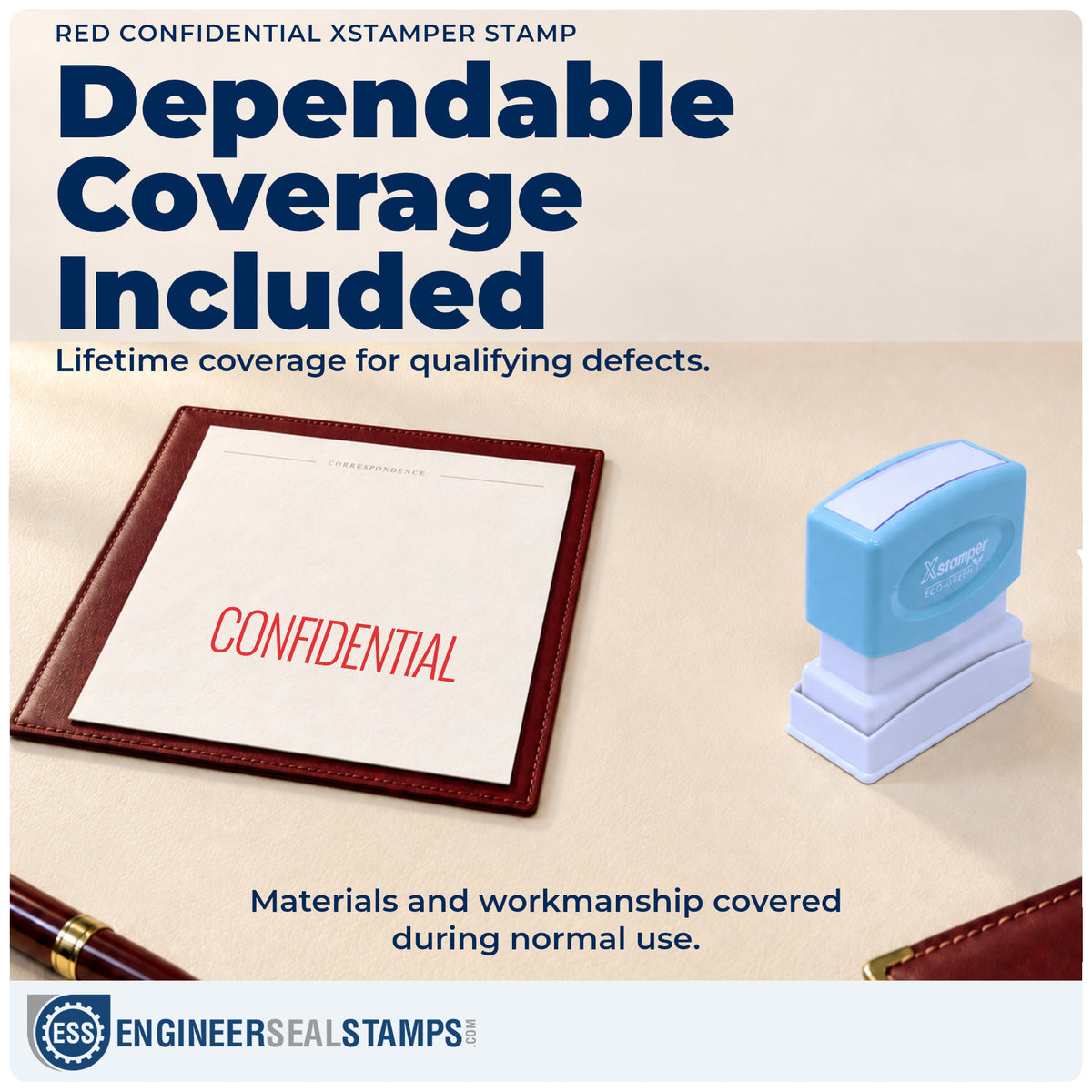 Lifetime guarantee coverage on the "Confidential" Xstamper pre-inked stamp