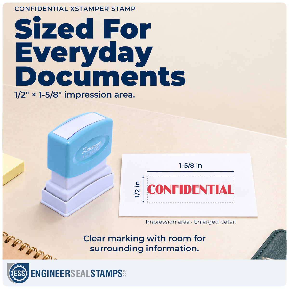 Impression size guide: the "Confidential" imprint measures 1/2 x 1-5/8 in