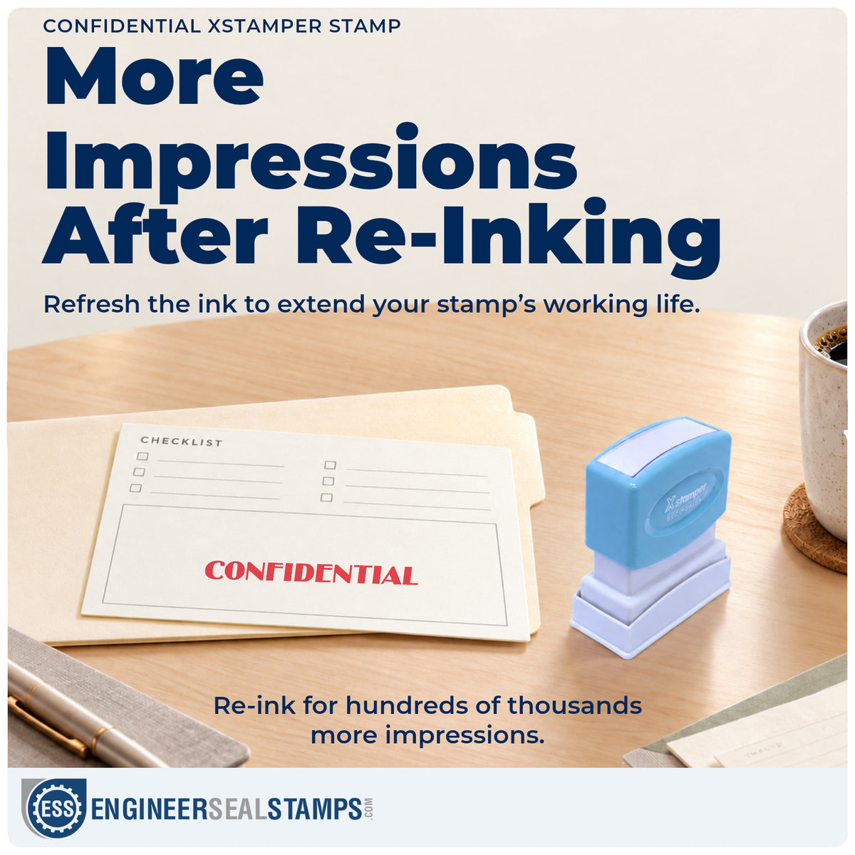 Re-inkable "Confidential" stamp built for thousands of repeat impressions