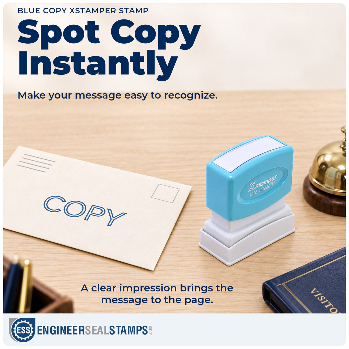 "Copy" imprint on office paperwork beside the Copy Stamp For Office Records – Blue Pre-Inked Xstamper
