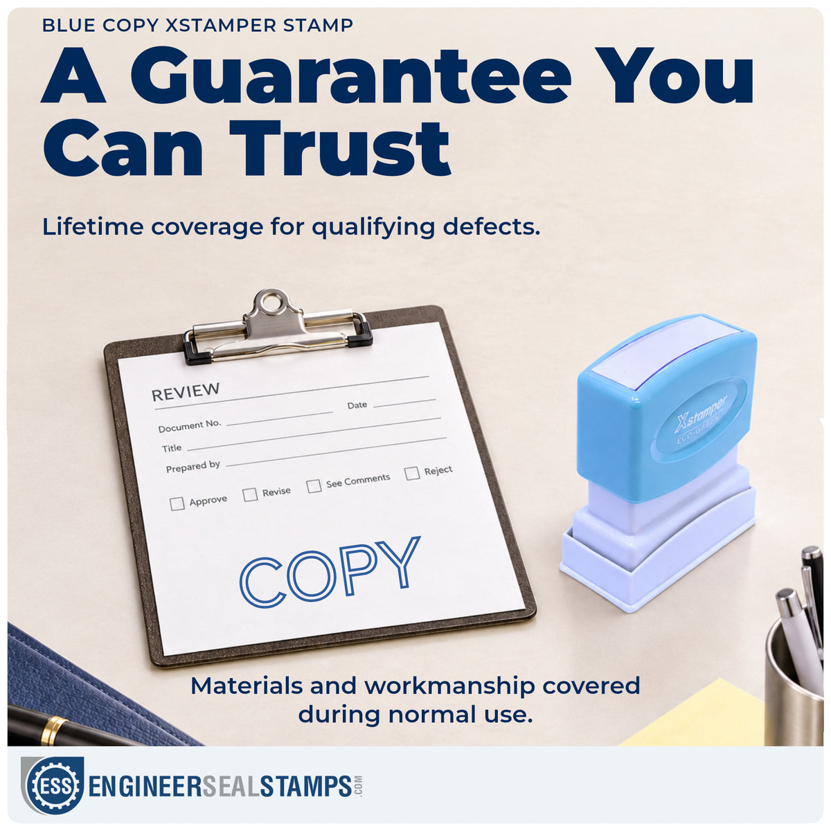 Lifetime guarantee coverage on the "Copy" Xstamper pre-inked stamp