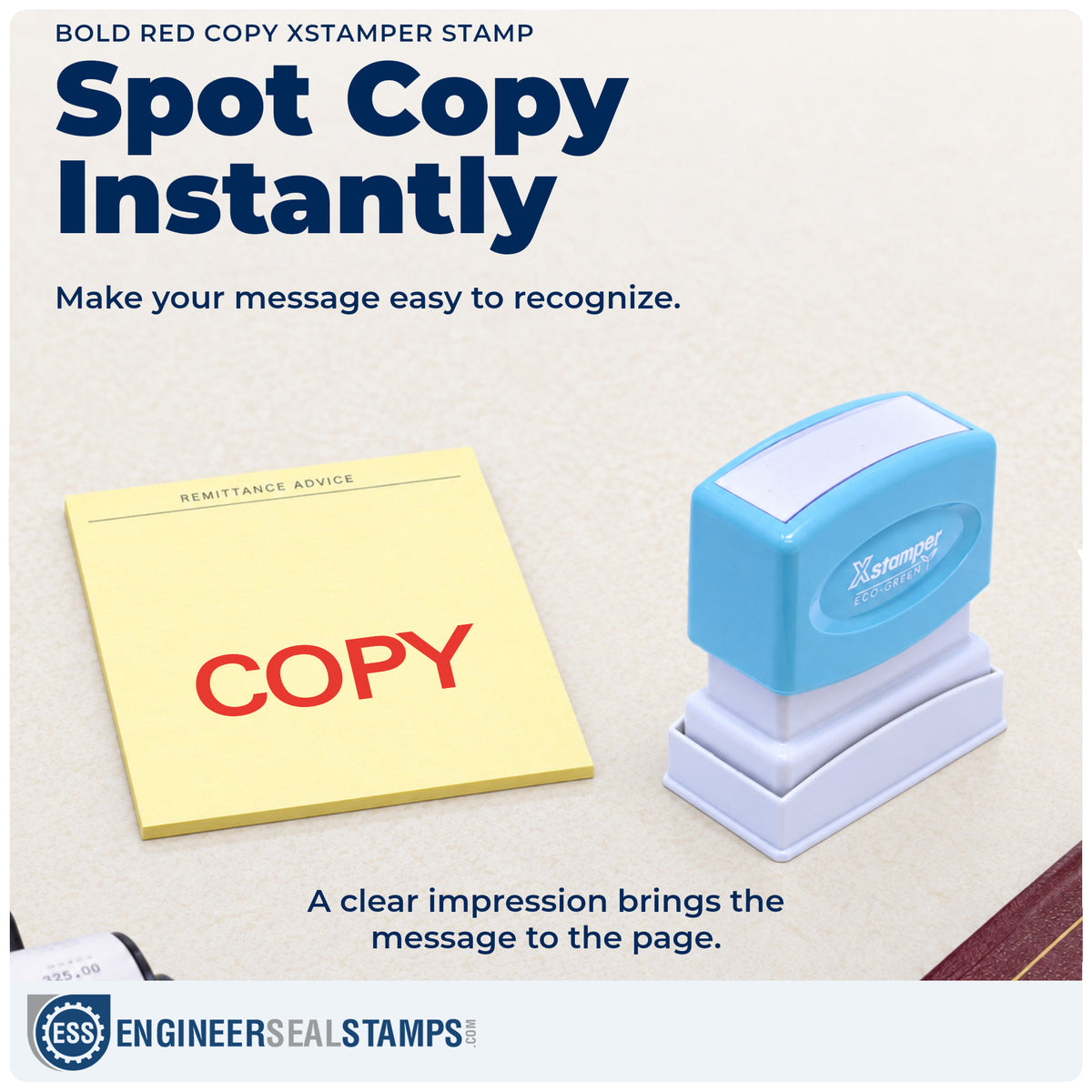 "Copy" imprint on office paperwork beside the Copy Document Stamp – Bold Red Pre-Inked Xstamper