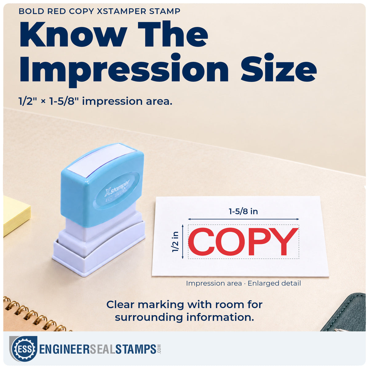 Impression size guide: the "Copy" imprint measures 1/2 x 1-5/8 in