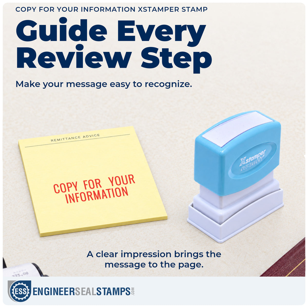 "Copy for your information" imprint on office paperwork beside the Copy For Your Information Document Stamp – Pre-Inked Xstamper