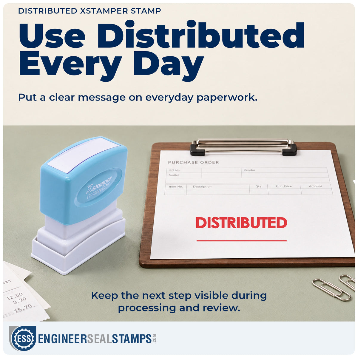 "Distributed" stamp being pressed onto a document during everyday filing