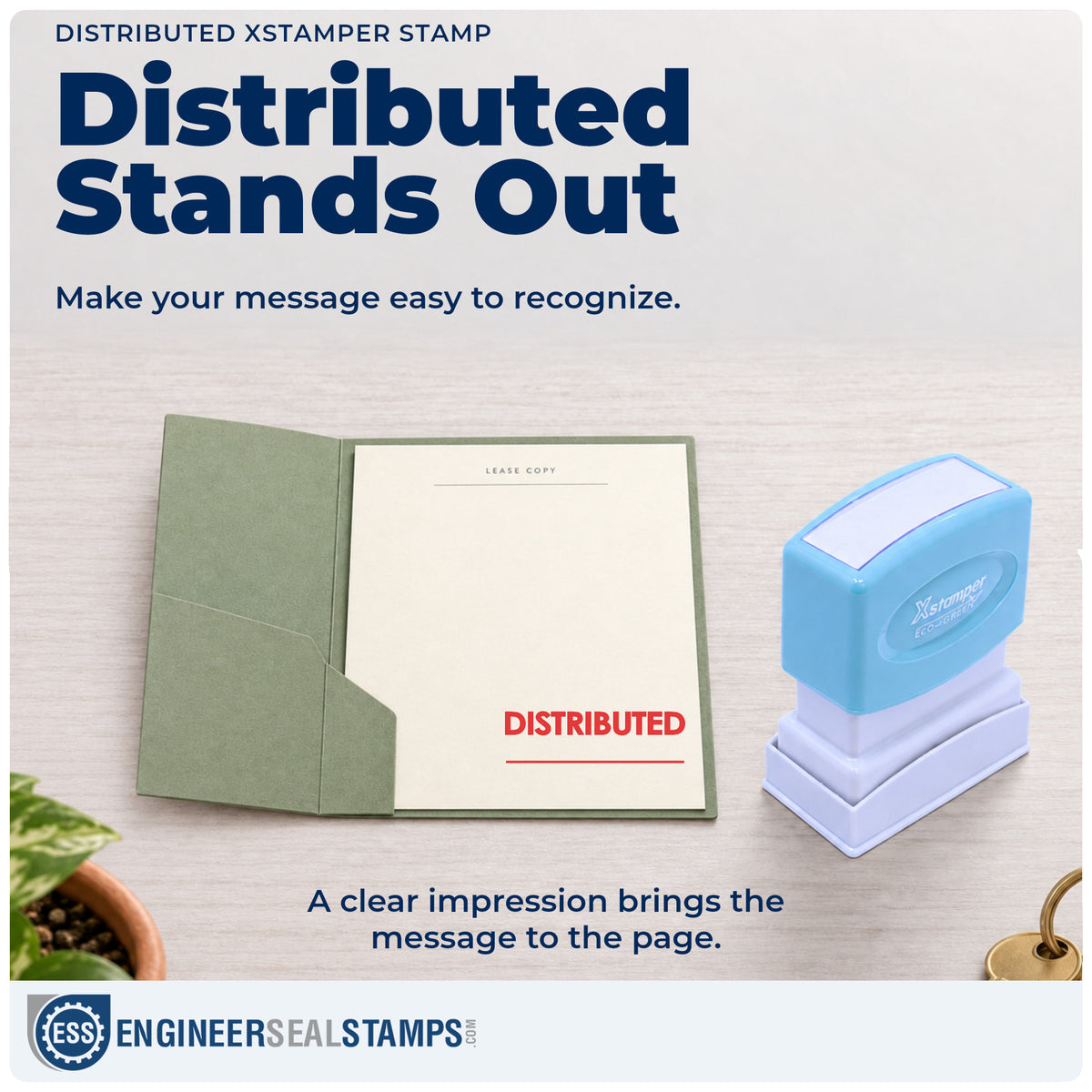 "Distributed" imprint on office paperwork beside the Xstamper Distributed Stamp – Pre-Inked