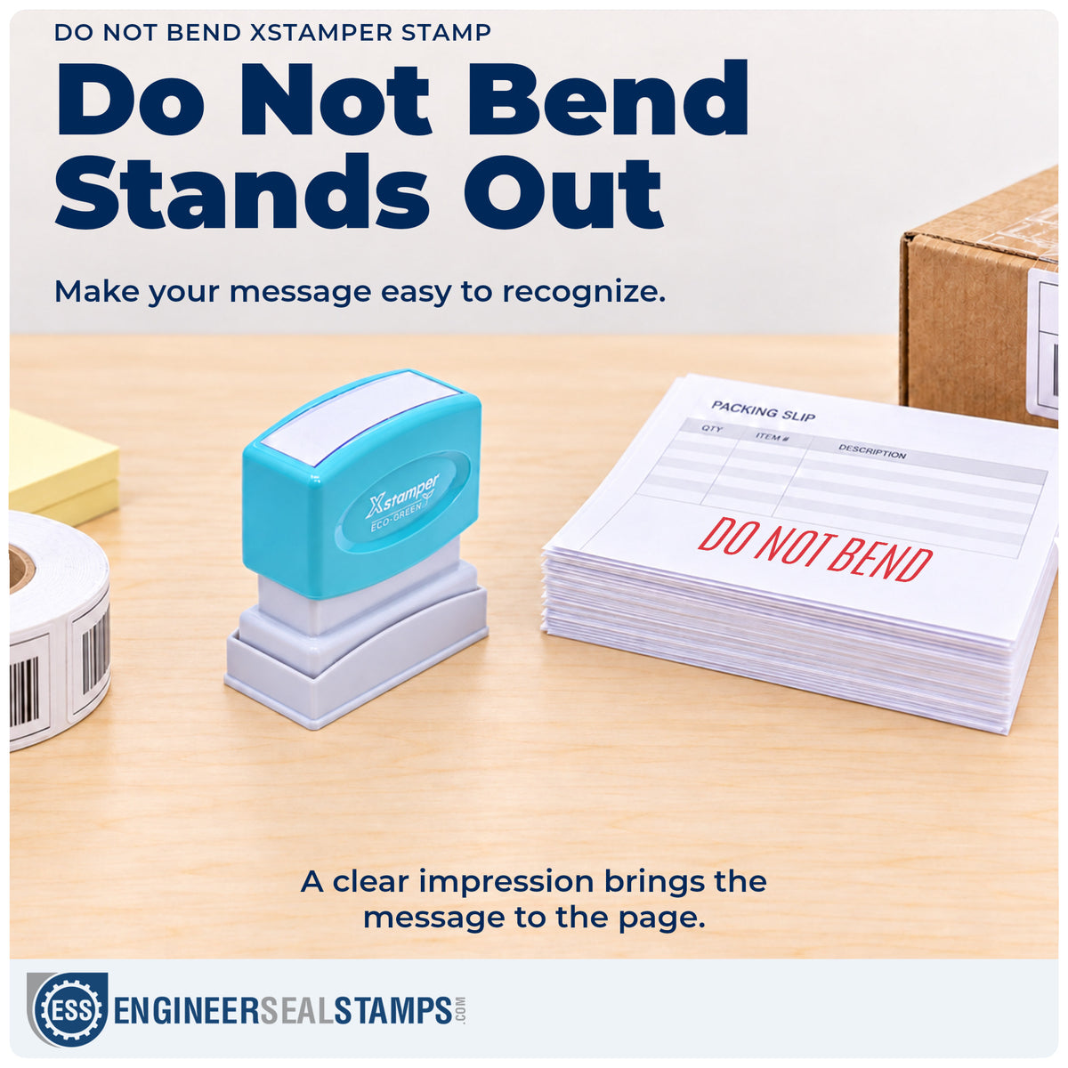 "Do not bend" imprint on office paperwork beside the Do Not Bend Stamp – Pre-Inked Xstamper