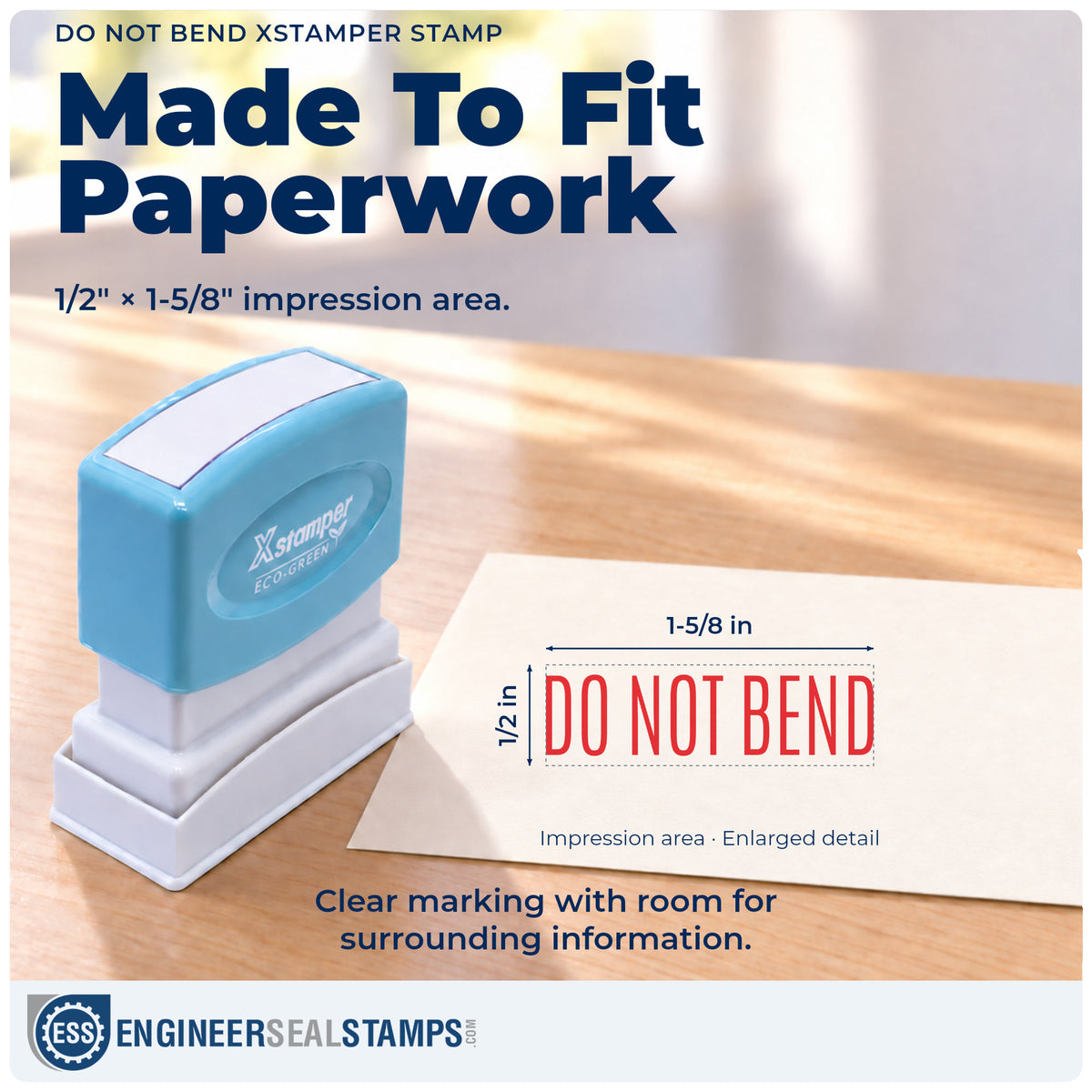 Impression size guide: the "Do not bend" imprint measures Approximately 1/2 in tall x 1-5/8 in wide