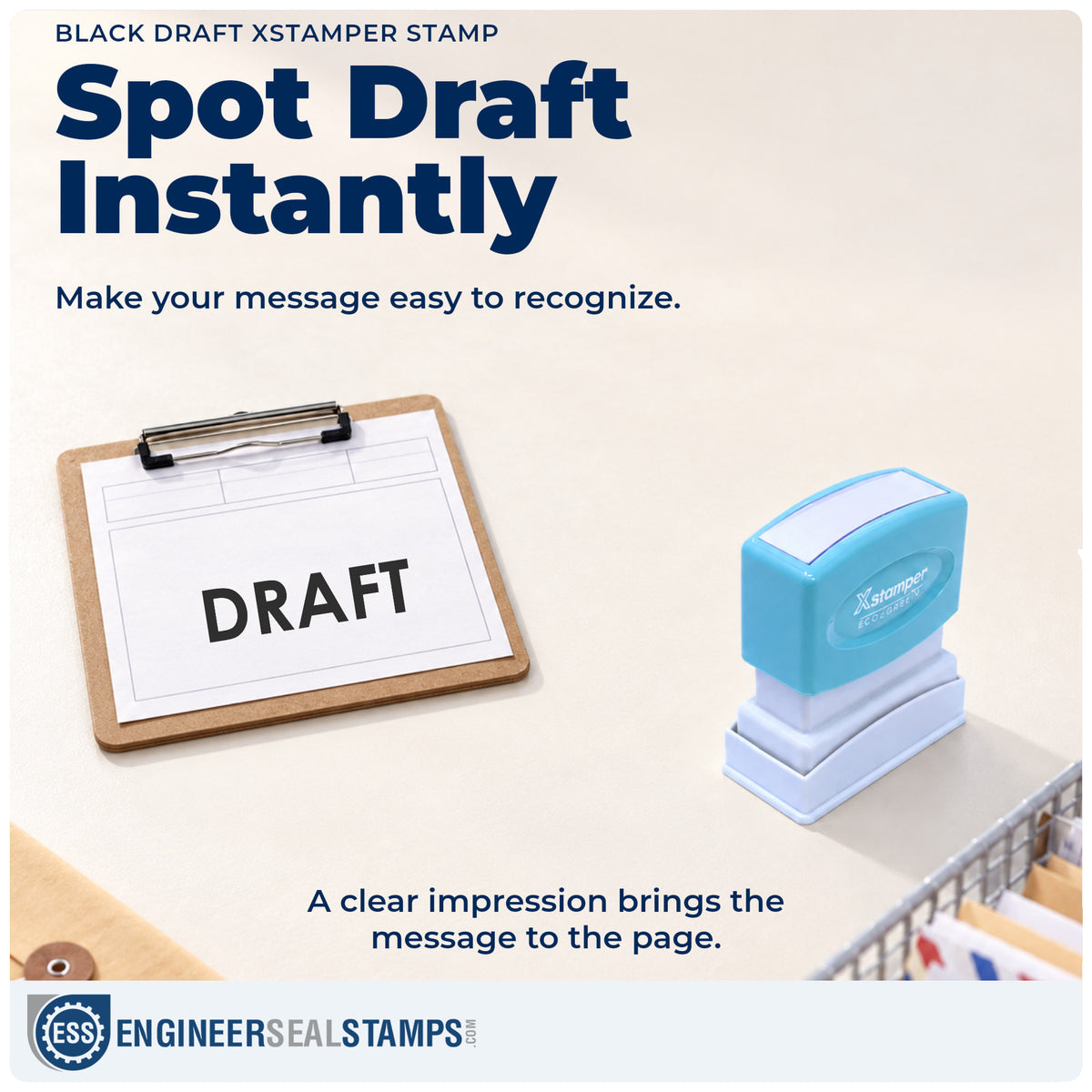 "Draft" imprint on office paperwork beside the Black Draft Review Stamp – Pre-Inked Xstamper