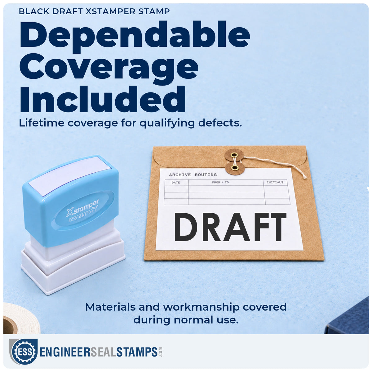 Lifetime guarantee coverage on the "Draft" Xstamper pre-inked stamp